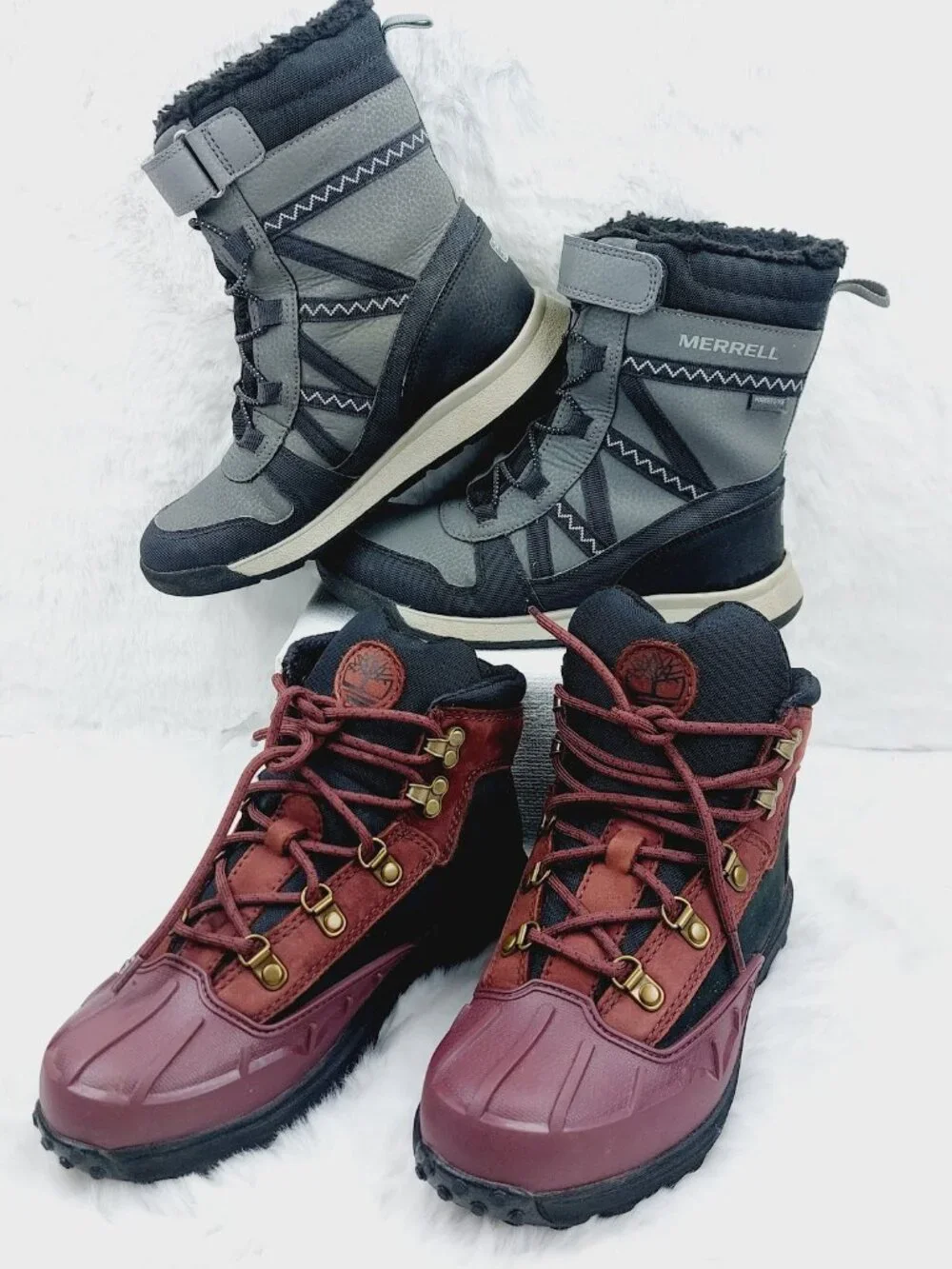 Set Of 2 Timberland Merrell Boy's Gray Burgundy Ankle Winter Snow Boots Size 2